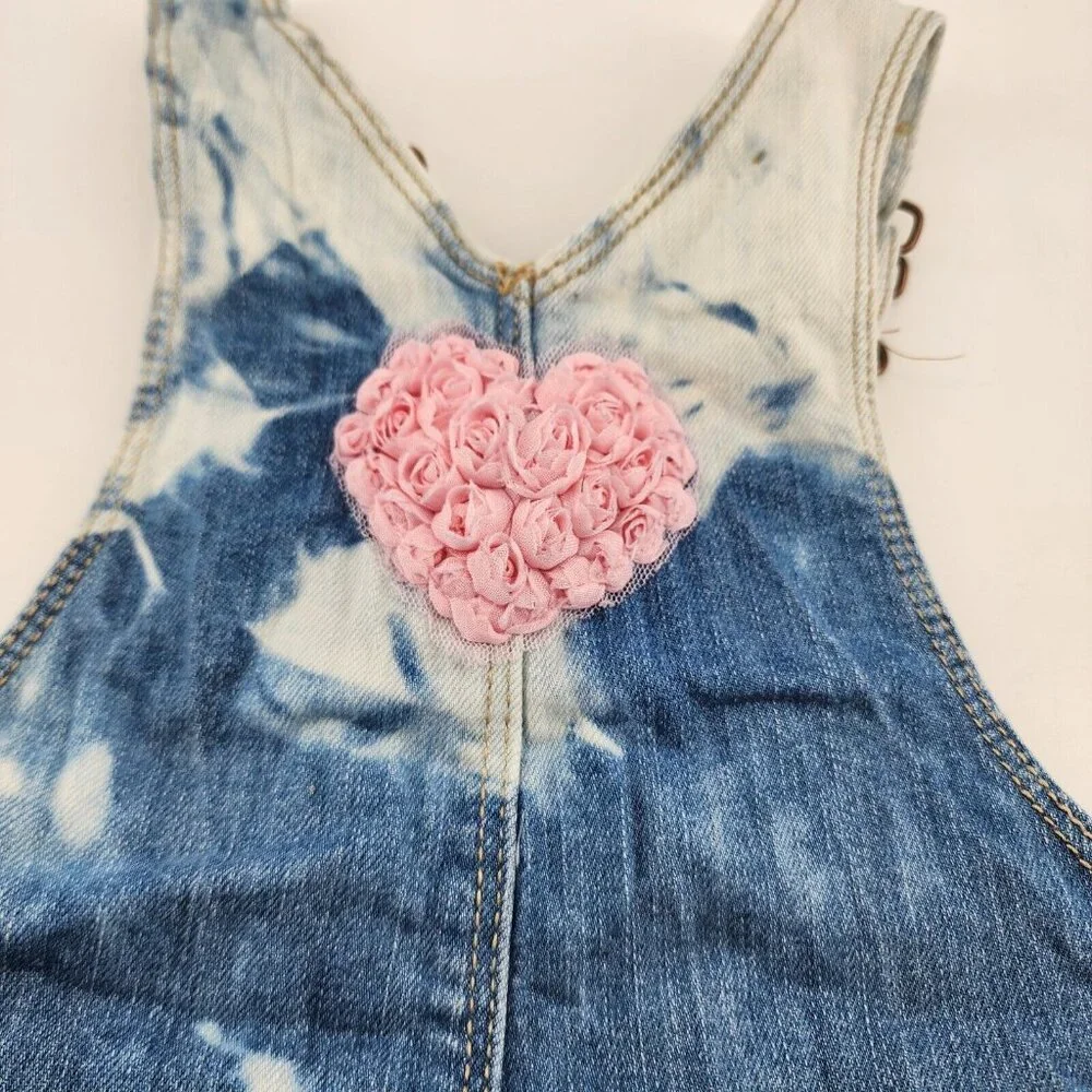OshKosh B'Gosh Customized Short Overalls Lace Trim Heart Applique Bleach Dye 18M